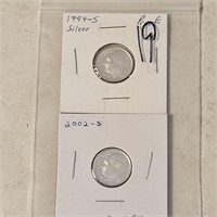 1994 S & 2002 S Silver Proof Dimes
