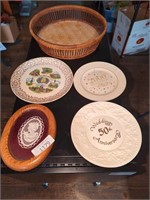 Glass plates, basket & decor