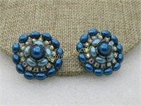 Vintage Teal Beaded Rhinestone Earrings, Clip, 196