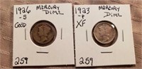 1923P XF and 1926S G Mercury Dimes