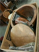 Box of copper pan and wooden Bowl Etc