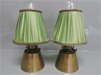 PAIR VINTAGE BRASS OIL LAMPS W/SHADES 11"T