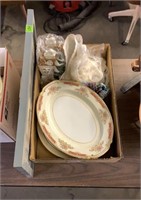 BX OF PLATTERS, FIGURINES, CHRISTMAS CANDLE & PIC