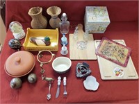 Mixed Lot Cutting Boards, Bowls, Brass Figures