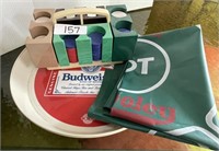 Plastic Budweiser beer tray, poker chips,