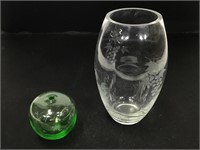 9" H Etched Vase & 3" H Green Glass Bud Vase