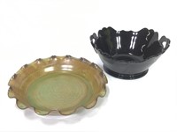 Fluted Edge Pottery Pie Plate & Black Glass Bowl