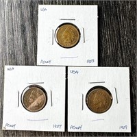 3 - UNITED STATES INDIAN HEAD PENNIES