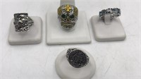 4 Mens Fashion Rings Skull, Birds, Bands