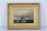 SIGNED & FRAMED OIL PAINTING OF TALL SHIPS AT SEA