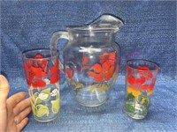 Vtg red & green flower pitcher & 2 glasses