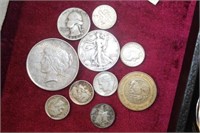 Group of Silver Coins; Peace Dollar, 1/2 dollar,
