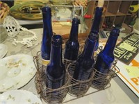 COBALT BOTTLES WITH WIRE HOLDER