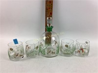 Painted Glass Decanter and matching glassware,