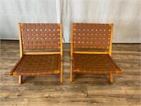 Pair of Leather Strap Folding Patio Accent Chairs
