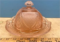 Vintage Pink Pressed Glass Lidded Dish (8.5"Diam