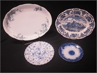 Four pieces of blue and white china: two platters