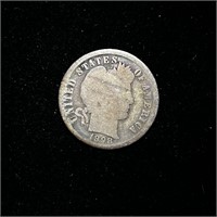 1898 90% SILVER BARBER DIME 10C COIN LIGHT CIRC