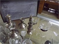 Sterling 7pc candlesticks, shakers, crystal cr & s