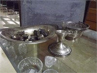 Sterling bowl, shakers, candle stick & bowl liner