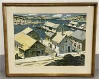 (RK) H.Gasser Watercolor Harbor Painting 35 1/4”