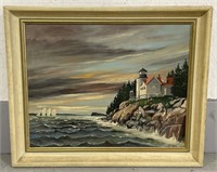(RK) H.Higgins Oil Painting Lighthouse on Board