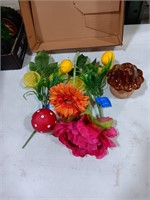 Ceramic Mushrooms, artificial flowers
