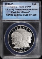 2011-P PROOF SILVER US ARMY COMM $1 ANACS PR70DCAM