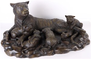 BRONZE LAYERED TIGER AND CUBS AFTER PIERRE MENE