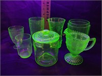 Uranium green depression glass - tumblers, jars