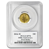 2016w 1/10oz Gold Mercury Dime Sp70 Fs Cent'l