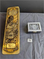 Dewar's metal box and wooden trinket box
