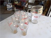 Coca Cola pitcher and 8 glasses