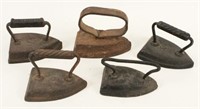 Five Cast Iron Smoothing Irons