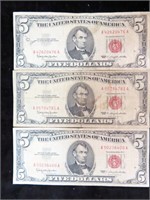 3 SERIES 1963 RED SEAL $5 BILLS
