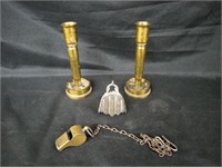BRASS BULLET CANDLE HOLDERS, WHISTLE & BELL