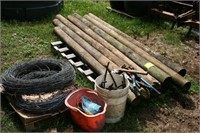 7 Treated Round Wooden Fence Posts, Barb Wire,