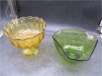 Amber Colored Footed Bowl & Green Glass Bowl