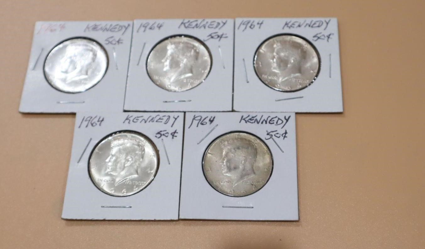 5 Proof Sterling Silver Kennedy Half Dollars 1964