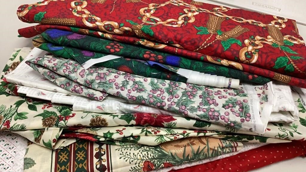 Fabric remnants, assorted lengths, some Christmas