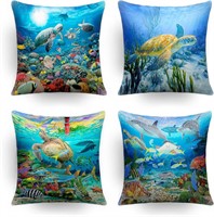 Blue Marine Life Sea Turtle Pillow Covers x2
