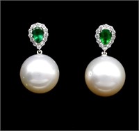 Emerald, diamond & South sea pearl set 14ct white