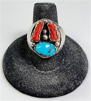 Lg Sterling Native Turquoise/Coral Ring 15 Gr S--8