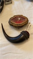 Jewelry box and cow horn pin cushion , 7 inches