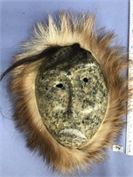 10" soapstone eskimo mask with wolverine ruff by M