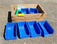 Vintage wooden box and blue organizer for shop.