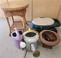 Q - WICKER TABLE, GARDENING CART, WATERING CANS