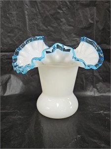 Vintage Fenton Blue Crest Milk Glass Vase
