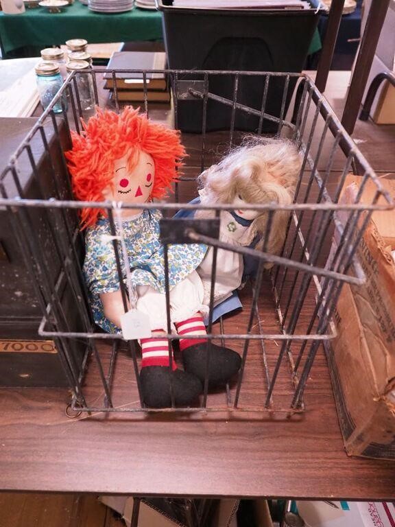Metal crate with Raggedy Ann doll 20" tall and a