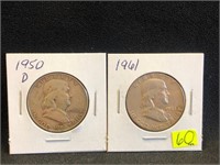 1950D & 1961 Franklin Half Dollars